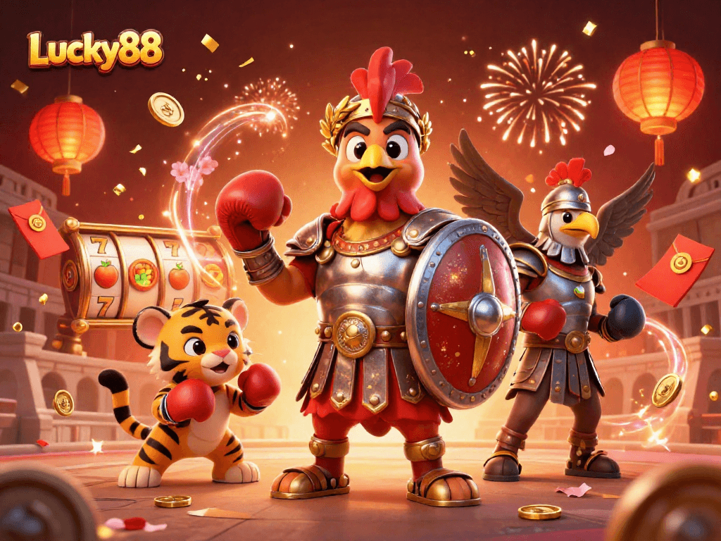 Engage with Lucky88's vibrant scene showcasing slots, treasures, and dynamic characters in a festival of luck.