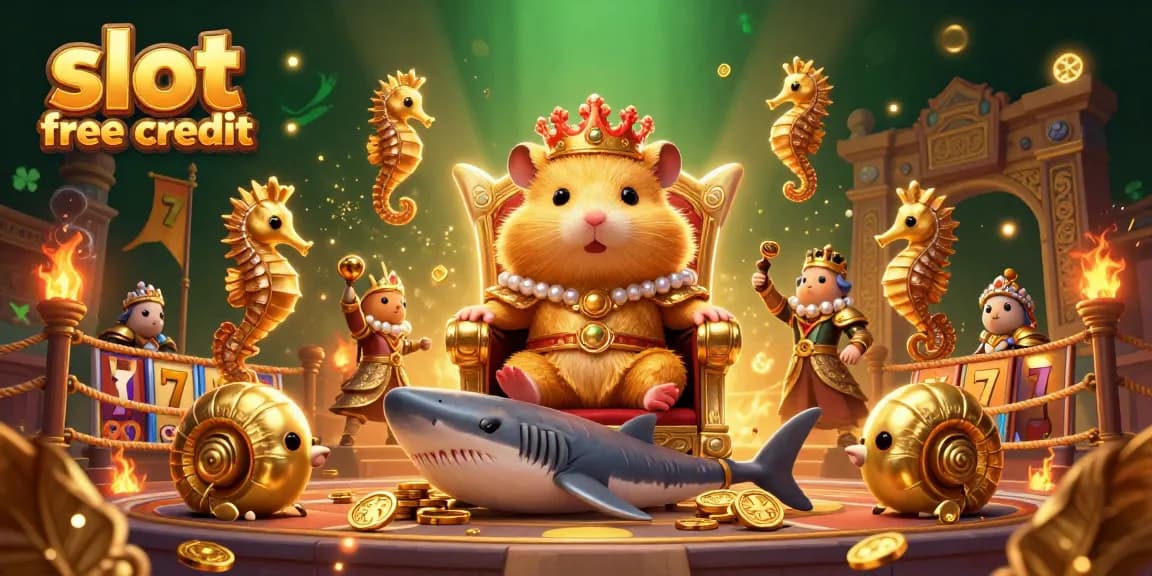 Engage with exciting slot free credit offers in a dynamic 3D scene featuring a hamster king and casino elements.