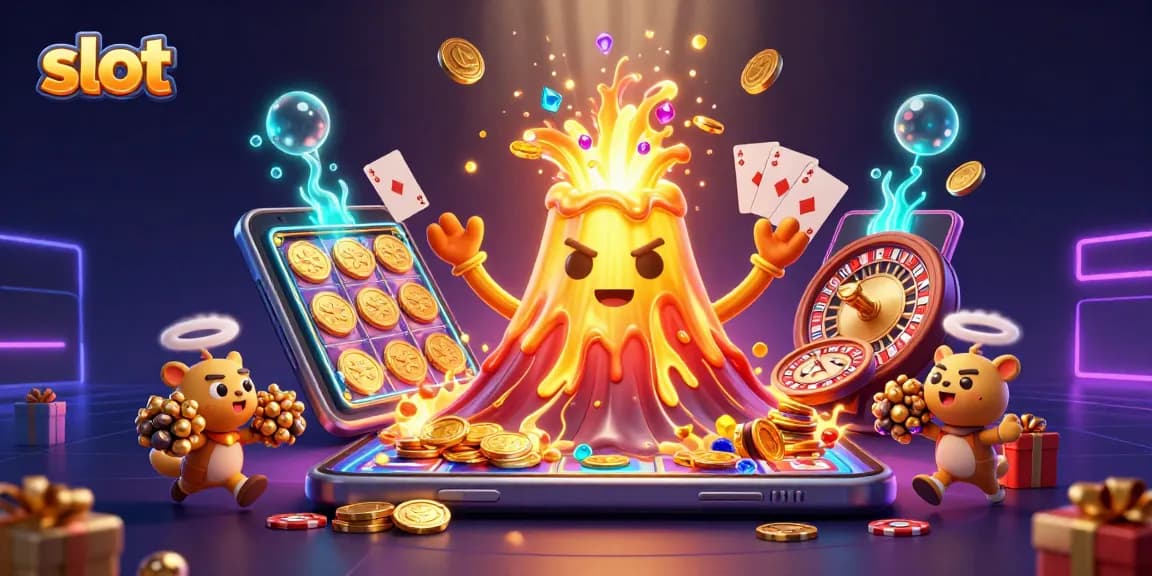 Spin slots with gold coins erupting as a mighty volcano celebrates huge wins!