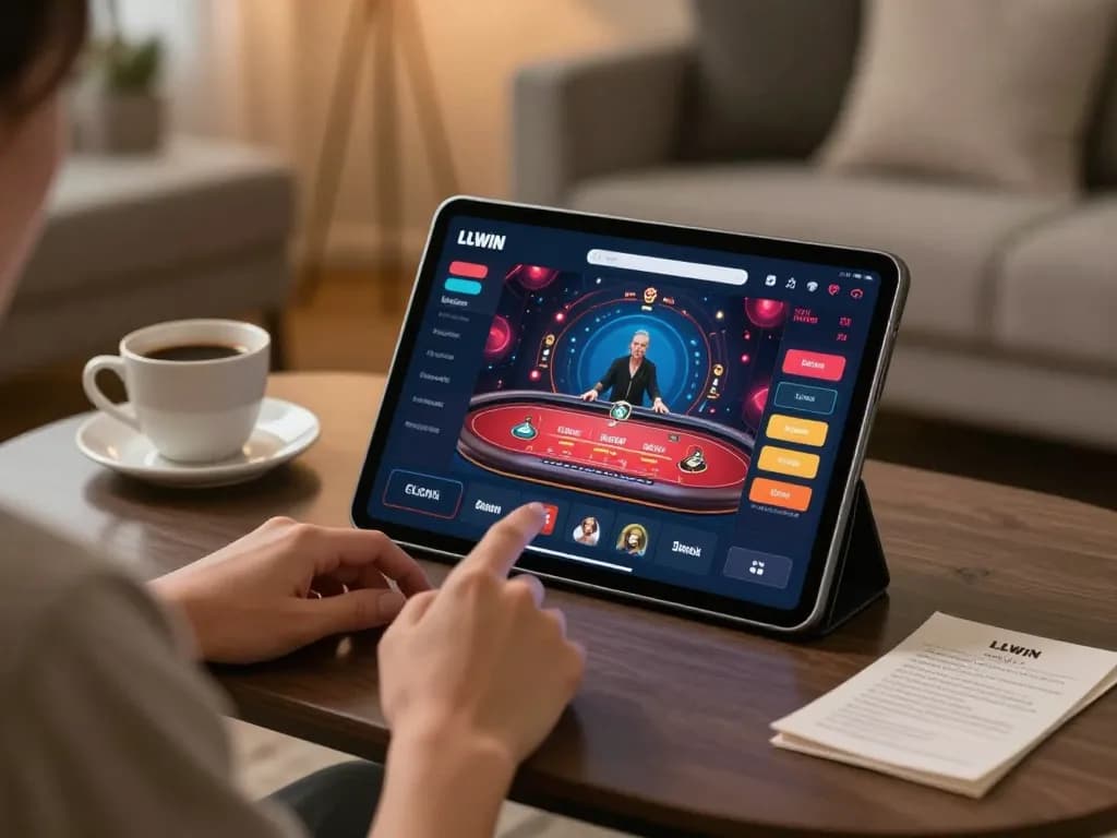 Engaging with trang chủ llwin on a tablet in a cozy home gaming environment.