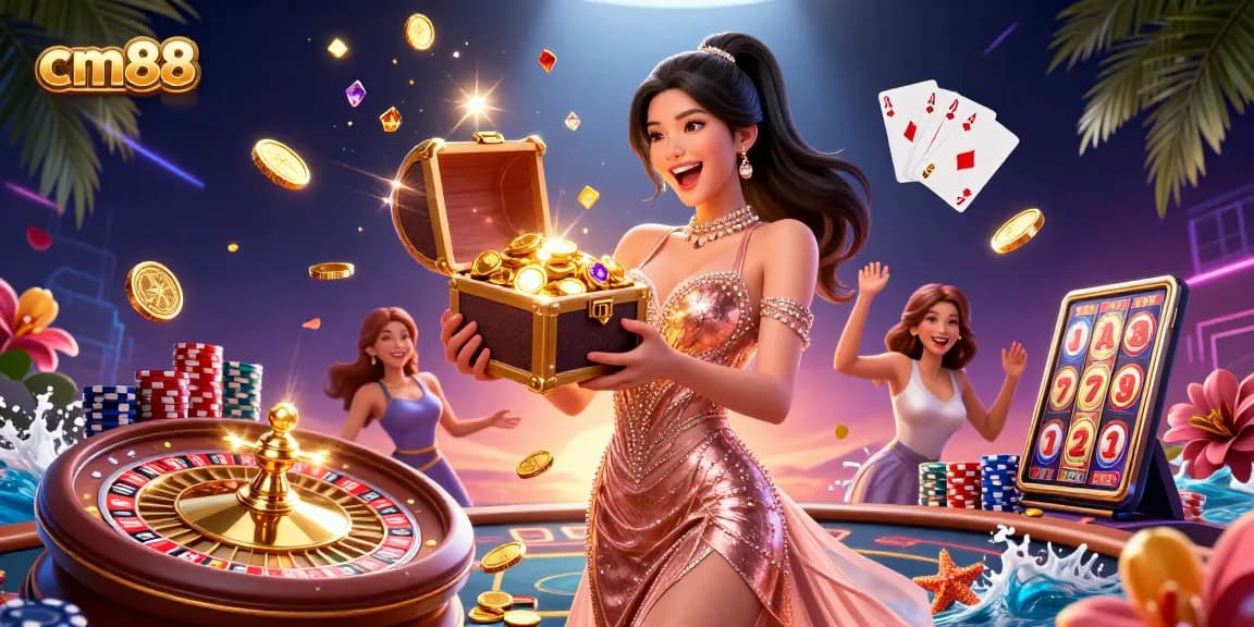 Experience exciting wins at cm88 casino, showcasing a glamorous Asian dealer with treasures.