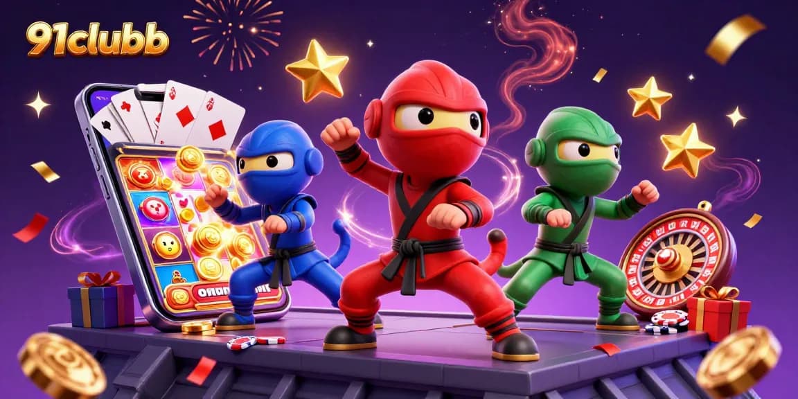 Experience gaming excitement with 91clubb's vibrant 3D ninja chameleons in an action-packed casino scene.