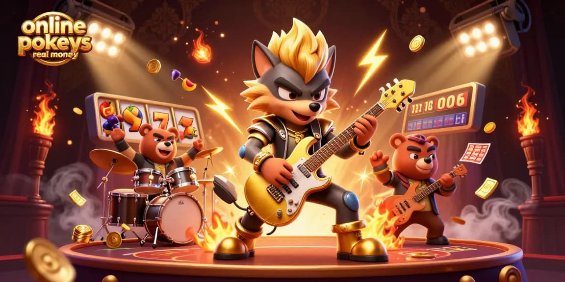 Engaging online pokies real money scene with cartoon wolf and bear celebrating on stage with dynamic casino elements.