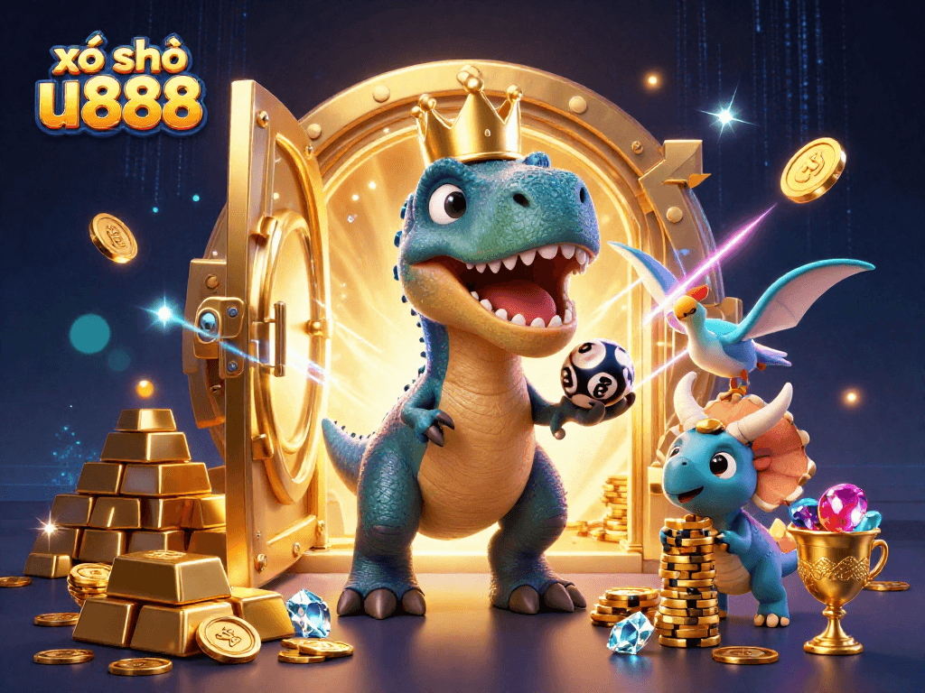 xổ số u888 showcases a T-Rex playing lottery with vibrant casino elements and gold treasures.