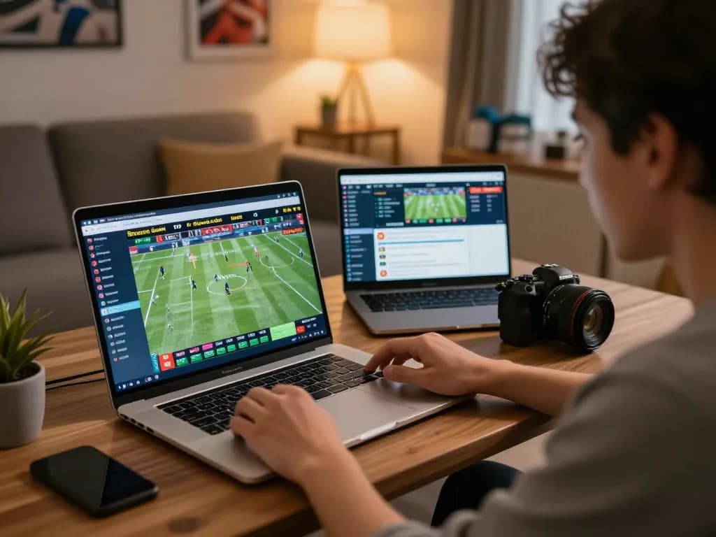 Engaging in sports betting on GG88 platform from home, analyzing game stats on laptop while betting.