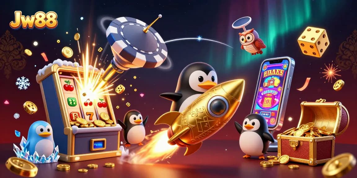 Experience Jw88 excitement with a golden penguin amidst a cosmic casino wonderland.
