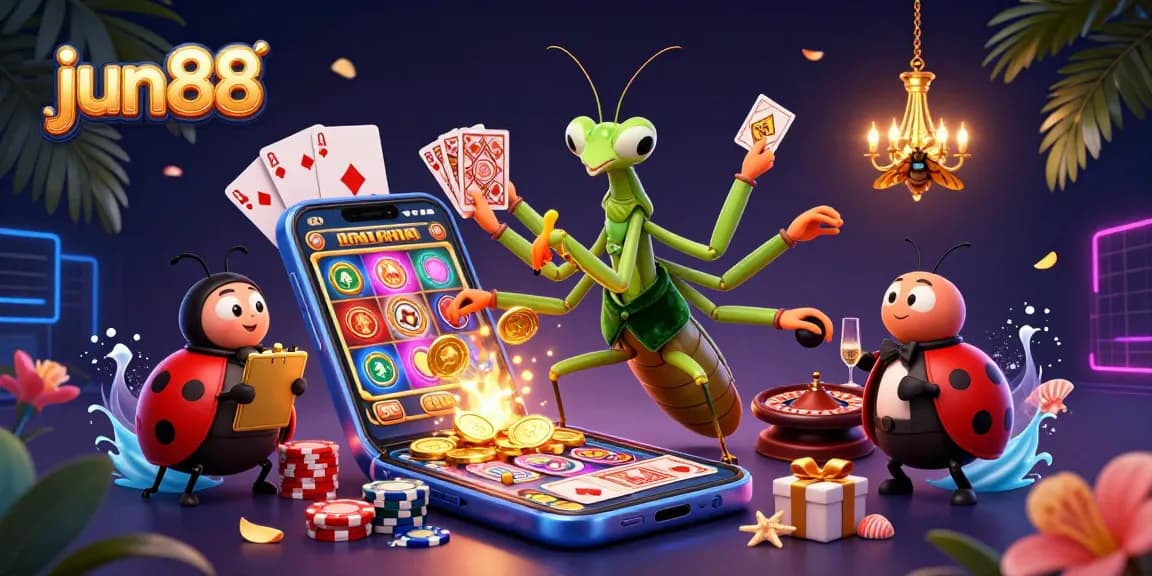 Experience the excitement of jun88 with a 3D casino scene featuring card games, vibrant colors, and dynamic characters.