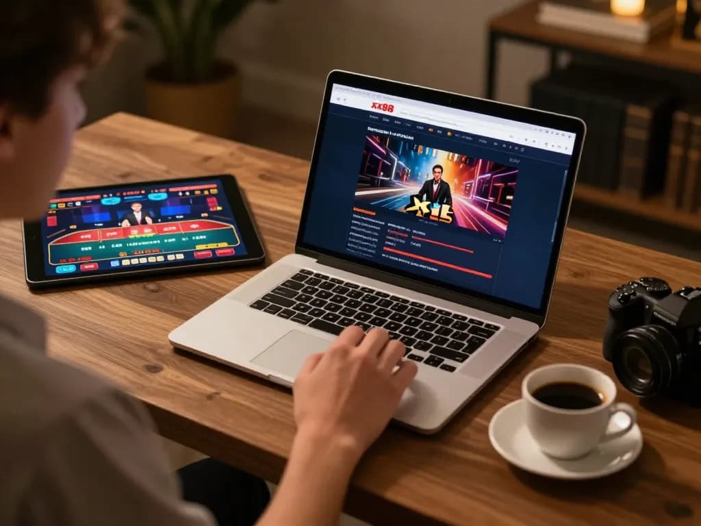 Engaging online gaming experience at xx88 with laptop and live dealer interface.