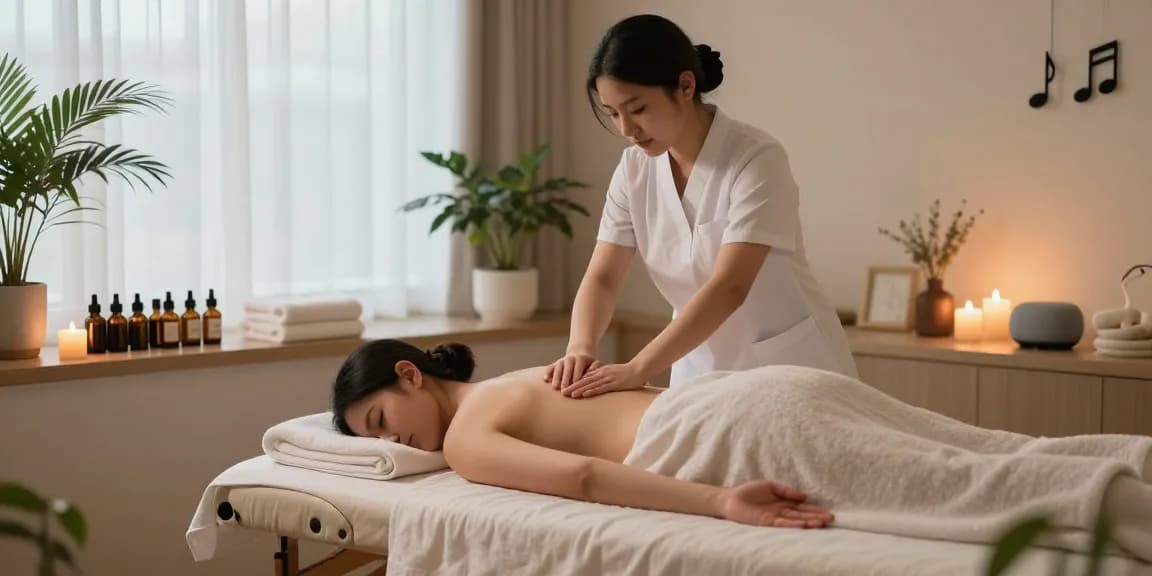 판교출장안마 therapeutic massage scene in modern studio with therapist and serene ambiance.