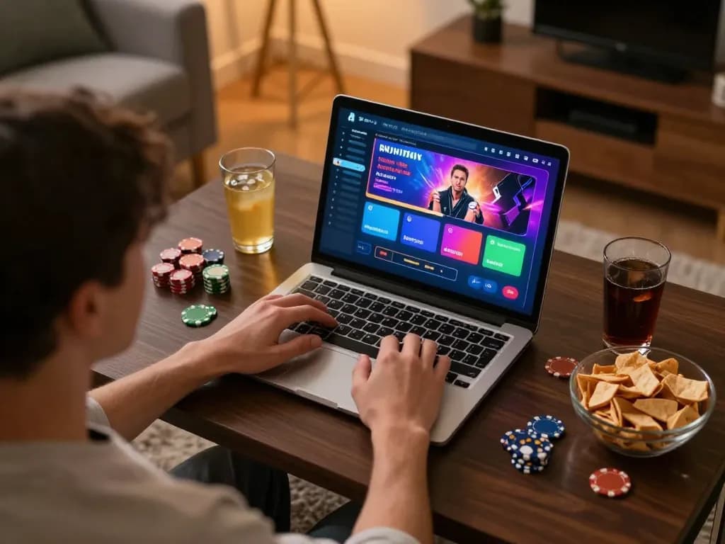 Experience online poker gameplay at qq88ae in a cozy home environment, highlighting strategic moments and a relaxed atmosphere.