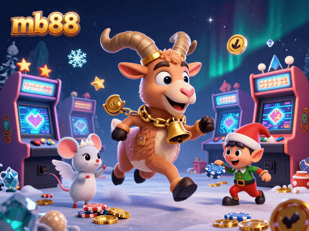 Experience thrilling games at mb88, where festive characters liven up a dynamic casino scene.