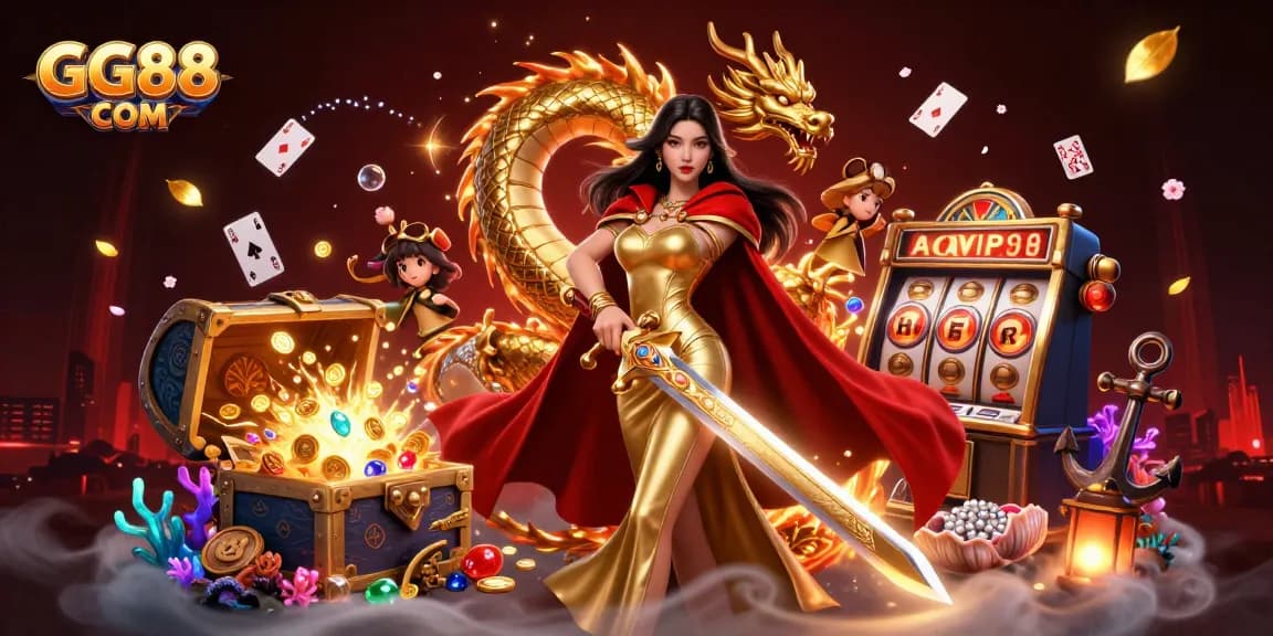 Engage in high-stakes gaming at GG88 COM, featuring dynamic 3D illustration of winning moments and fantasy elements.