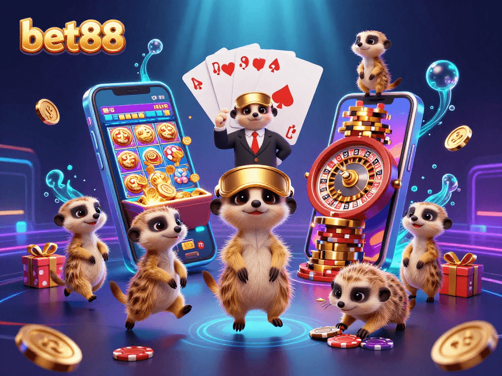 Engage in thrilling betting at bet88 with meerkats managing a vibrant casino scene.