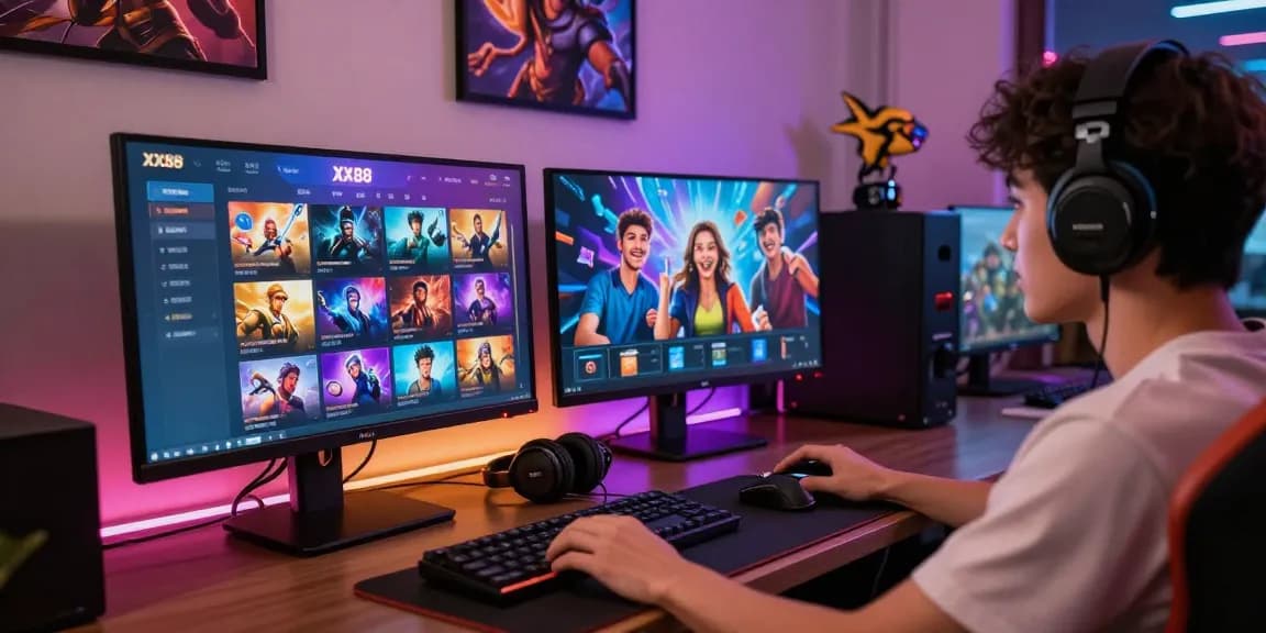 Player engaged with XX88's online gaming platform, vibrant colors and digital graphics