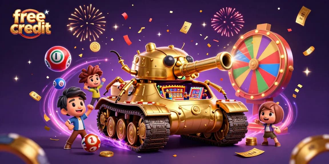 Experience free credit gameplay excitement with casino elements like colorful lottery balls and festive confetti.