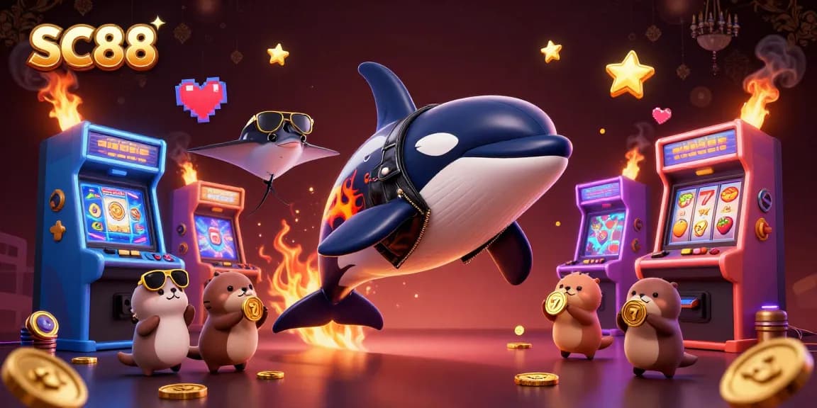 SC88 brings excitement with a dynamic orca and otters surrounded by casino-themed arcade games