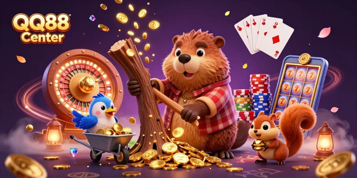Engage with QQ88 Center's thrilling experience featuring a cartoon beaver earning coins in a dynamic casino scene.
