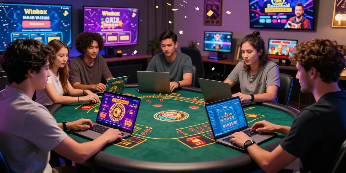 Exciting Winbox Malaysia online casino gaming scene with players enjoying live roulette and blackjack on mobile devices.