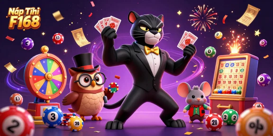 Nạp Tiền F168, stylish panther deals cards amidst vibrant casino elements.