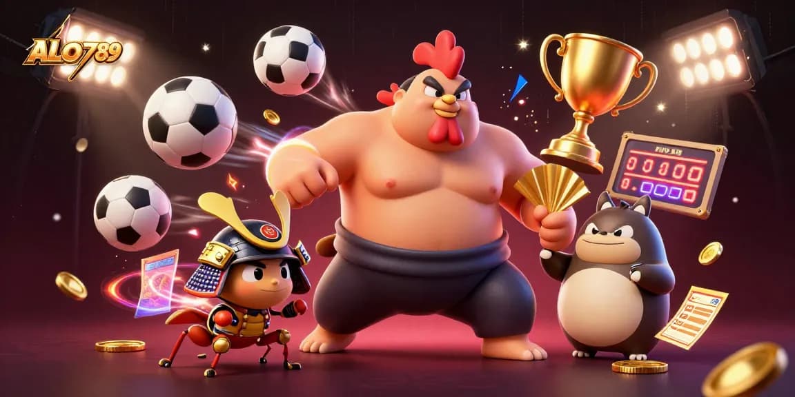Engage with ALO789's exciting atmosphere of betting excitement featuring a powerful rooster, determined cricket, and dynamic sports elements.