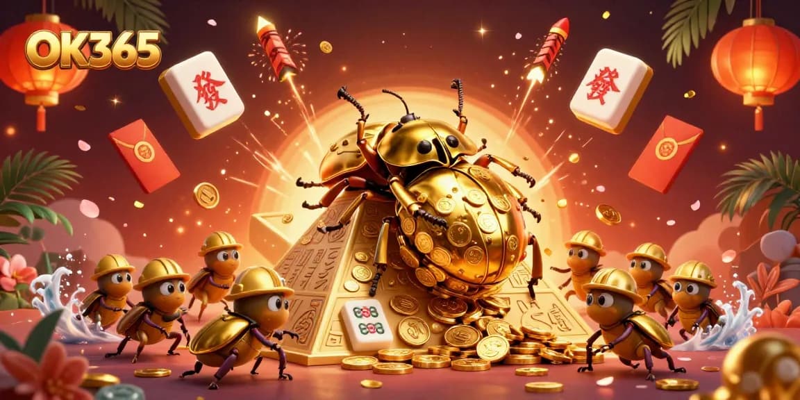Experience the excitement of OK365 with golden coins and dynamic characters in a vibrant casino-themed scene.
