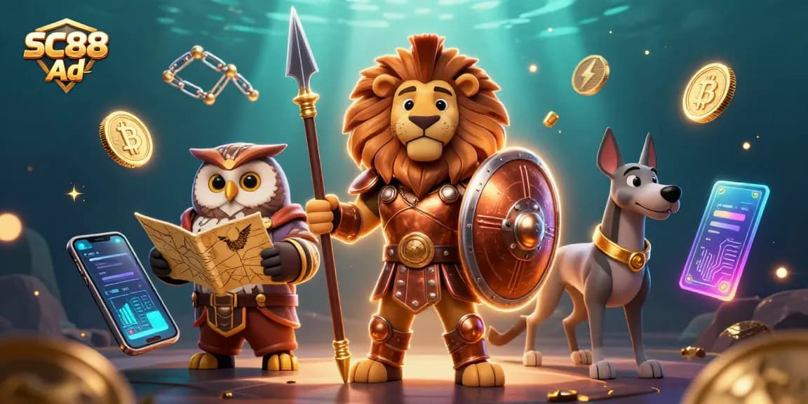Engage with SC88 Ad in a captivating 3D casino battle scene featuring vibrant crypto elements.