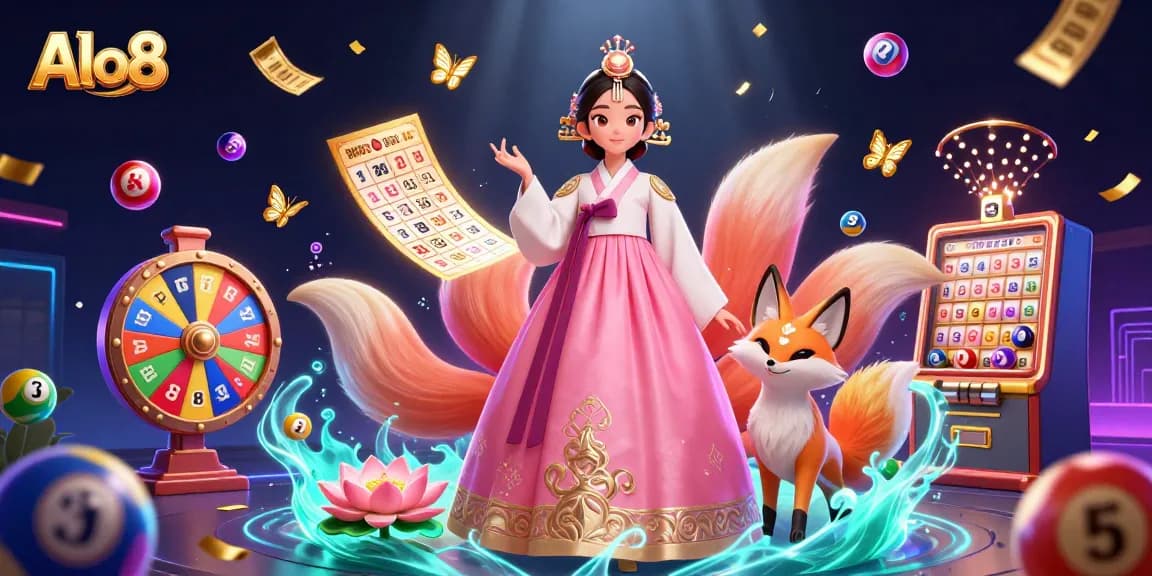 Alo8 showcases a vibrant illustration with an Asian woman in a hanbok and a lucky fox celebrating casino wins.