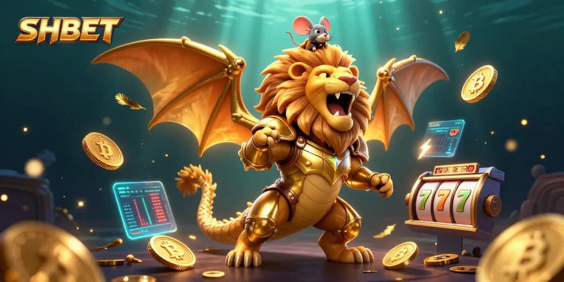 Experience thrilling casino gameplay at SHBET with dynamic 3D characters and sparkling golden elements.