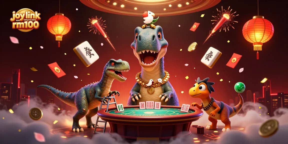 Engage with joy link free credit rm100 at a vibrant 3D casino scene with dynamic characters and festive elements.