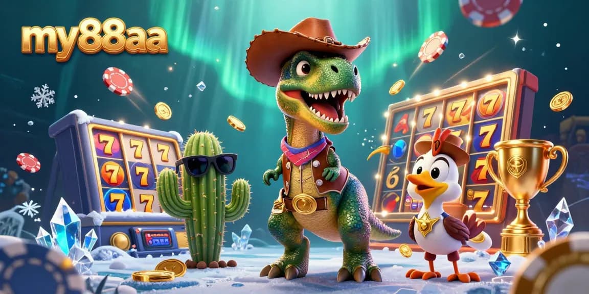 Engage in thrilling gameplay at my88aa with a vibrant illustration of a T-Rex character and casino elements.