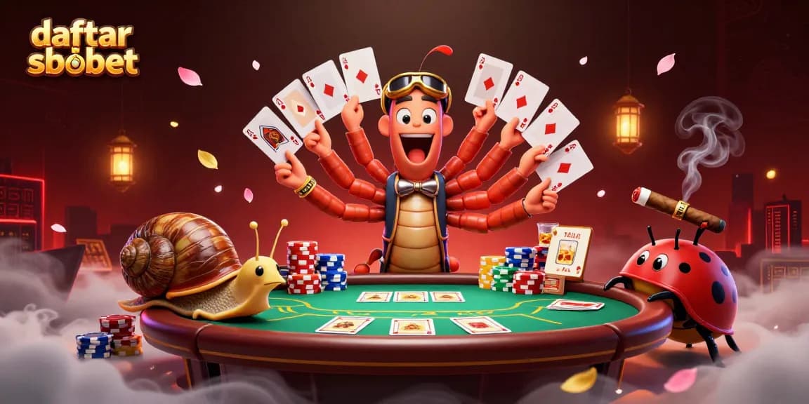 Engage with daftar sbobet in an exciting 3D card game scene featuring a millipede dealer and high-roller.