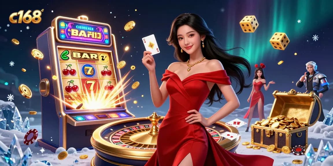 Experience the excitement of c168 casino with a beautiful woman holding a winning playing card beside a golden roulette wheel.