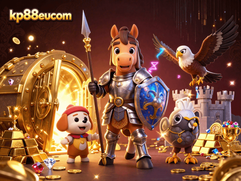 Experience the thrill of kp88eucom with an exciting fantasy casino illustration featuring knights and treasure.