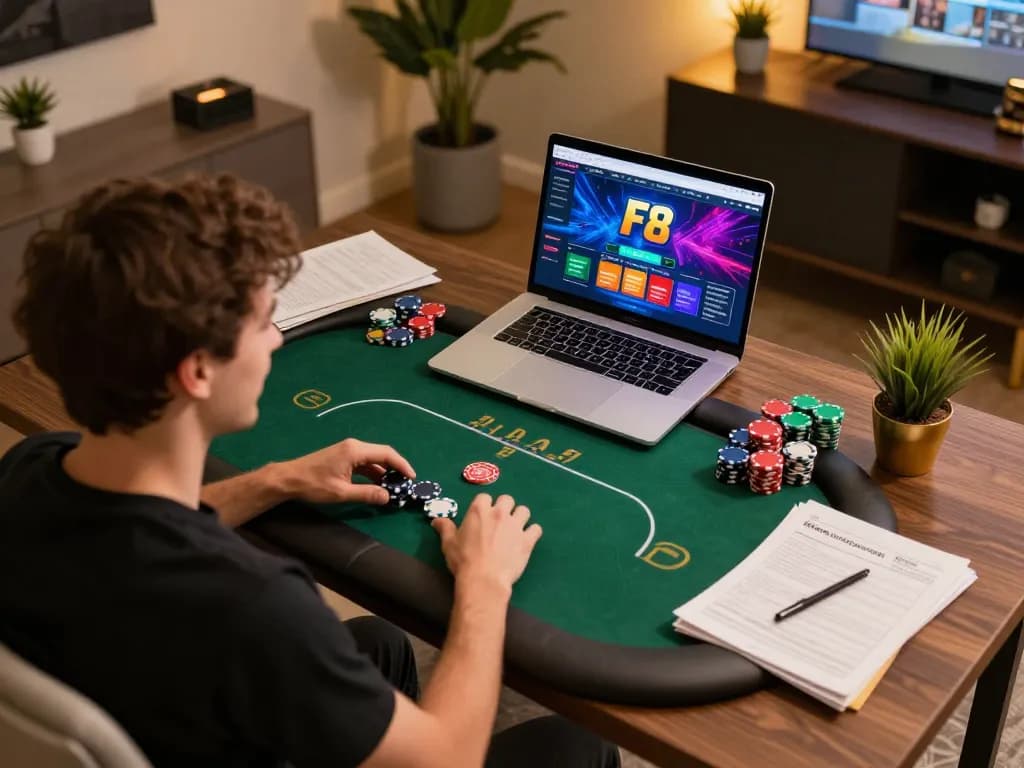 Play poker online with F8 bet platform, showcasing an engaging home gaming setup