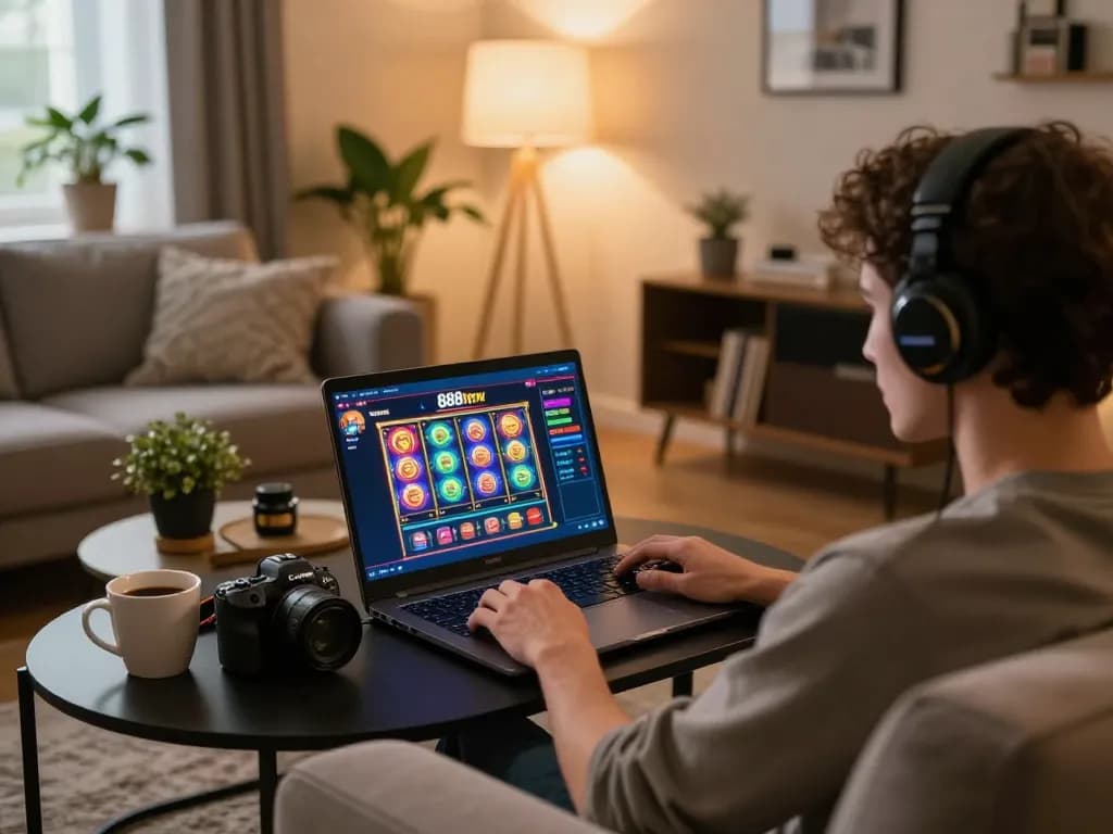 Player engaging with 888new casino on a laptop in a cozy home setting, focusing on game strategy.