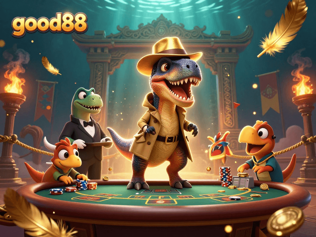 good88 engages players with a velociraptor at a blackjack table amidst a vibrant casino setting.
