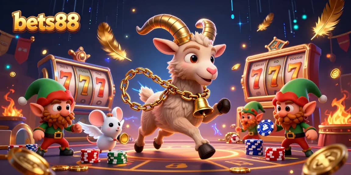 Experience thrills at bets88 with a Krampus goat managing a vibrant casino scene.