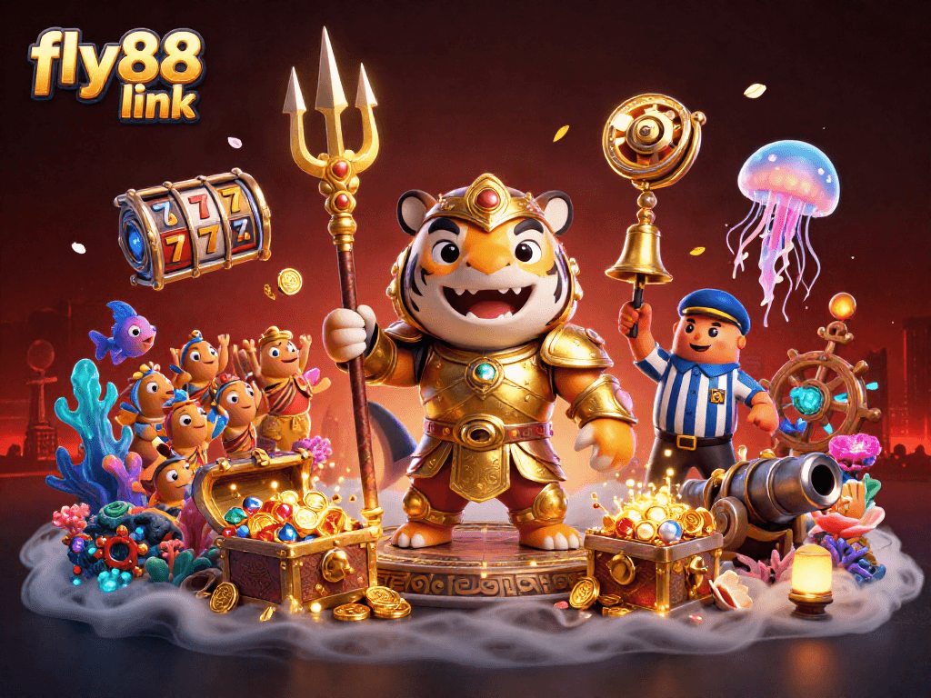 Engage with the fly88 link through vibrant casino-themed underwater action featuring animated characters and elements.