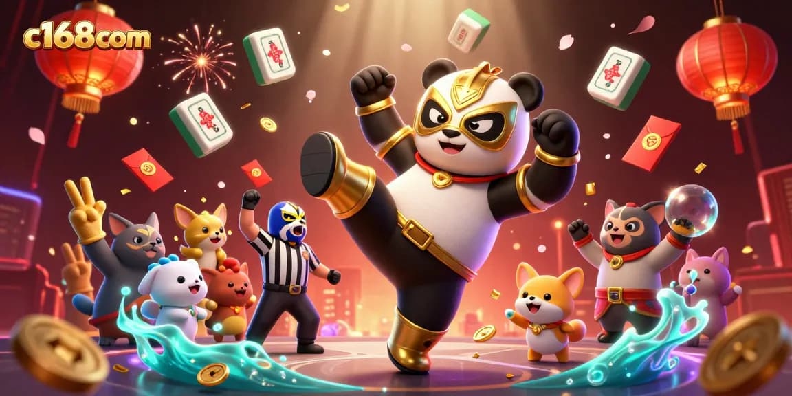 Experience thrilling action at c168com with a panda wrestler soaring through a vibrant casino scene.