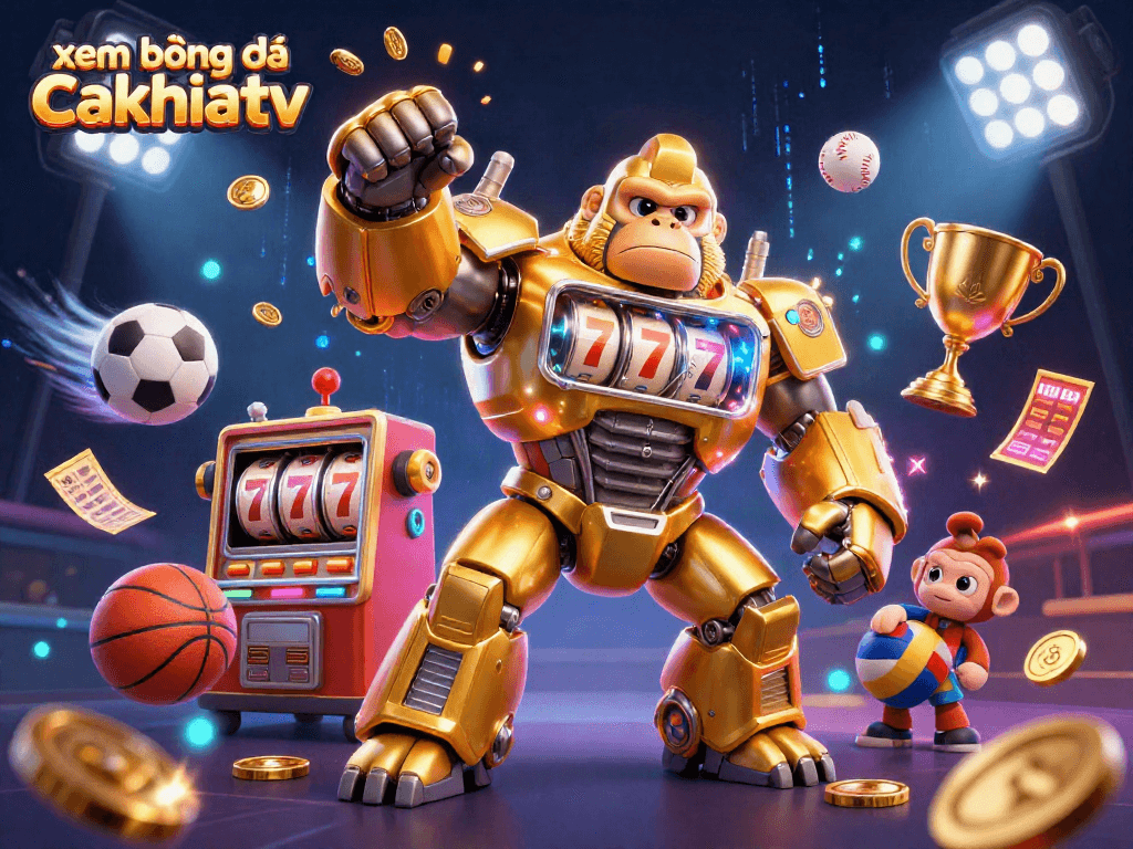 Xem bóng đá cakhiatv: Engage with dynamic sports betting excitement featuring a golden gorilla mech.