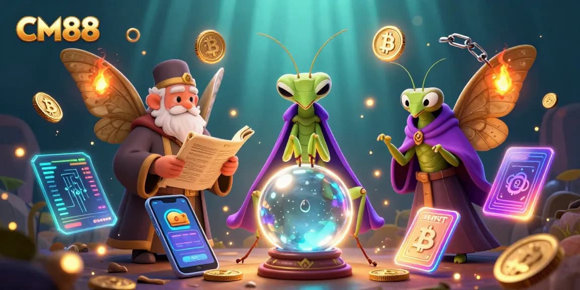 CM88 takes you on a winning journey in this vibrant 3D casino illustration featuring characters and crypto elements.