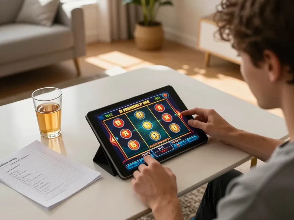 MM88 user engaging with online slot game on tablet, showcasing strategic gaming environment