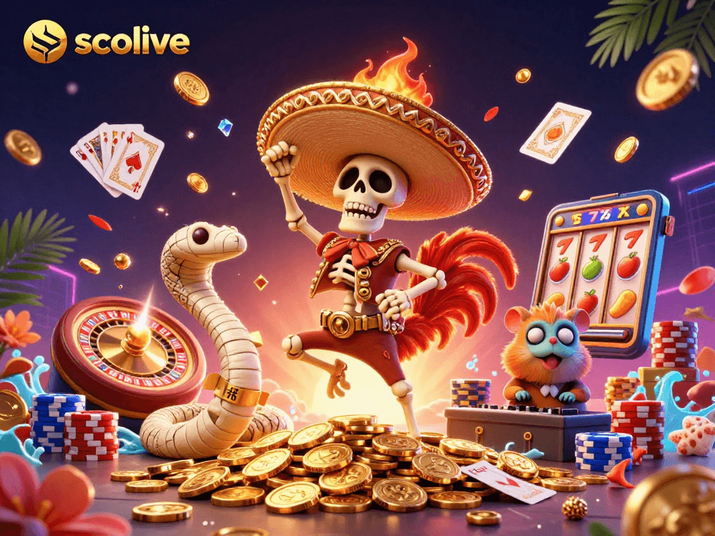 Socolive showcases a lively 3D casino scene featuring vibrant characters, golden coins, and exciting game elements.