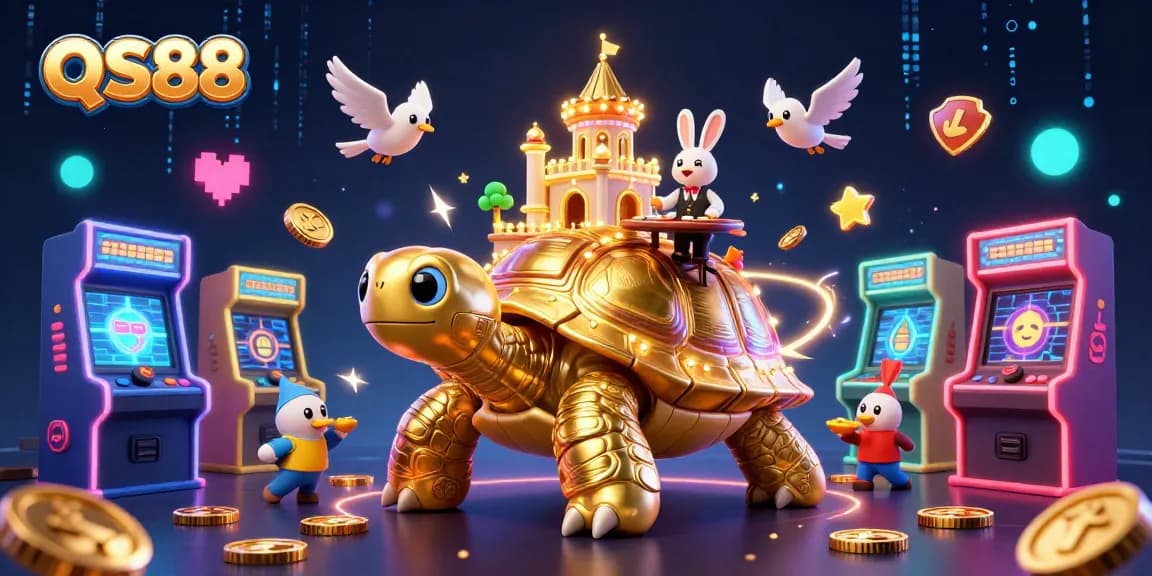 Engage with QS88's vibrant 3D casino scene featuring a golden tortoise and a friendly rabbit dealer.