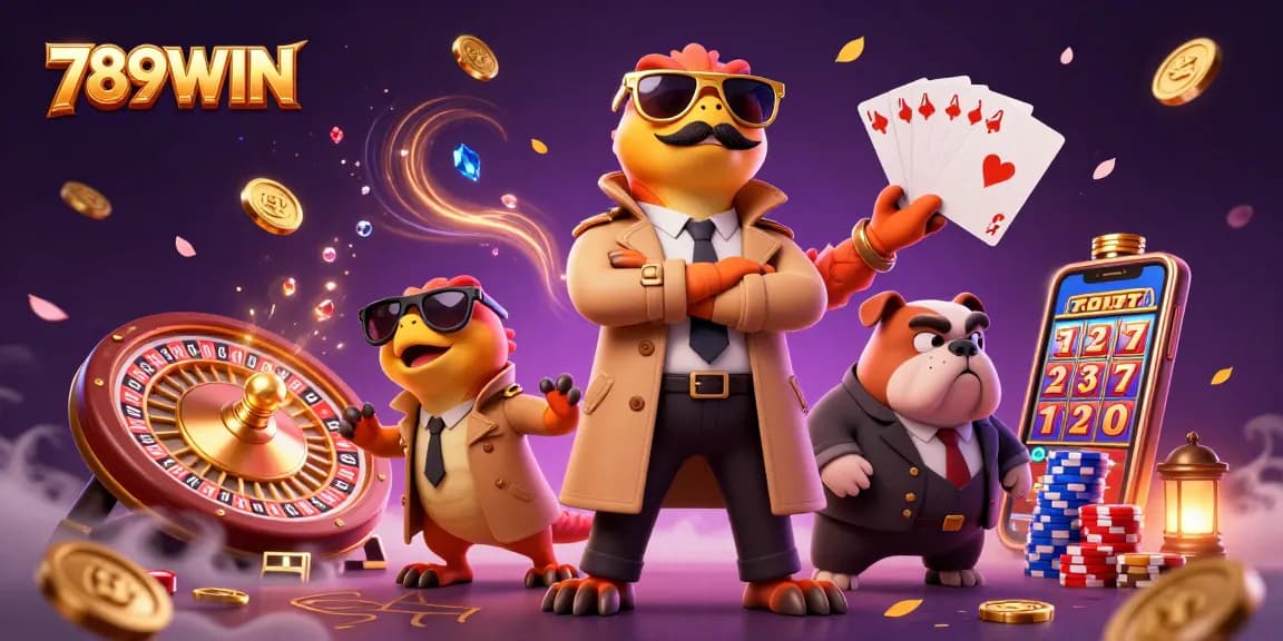 Experience thrilling wins with 789WIN in a vibrant, animated casino scene featuring playful raptors.