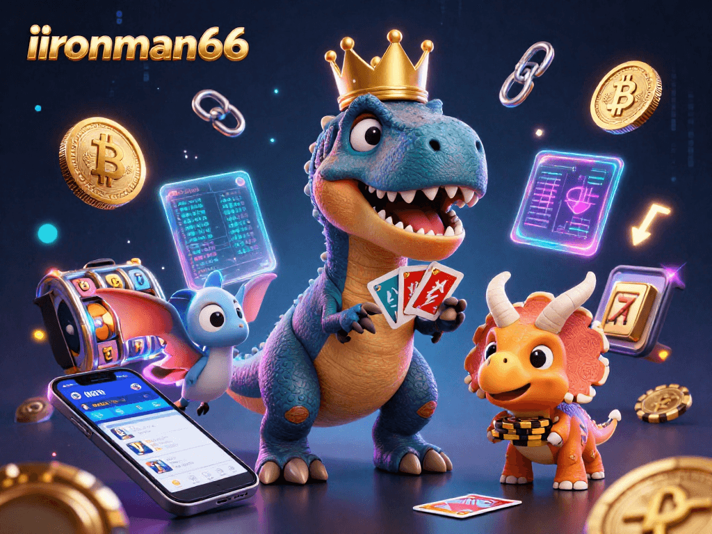 Engage in thrilling slot gameplay at ironman66 with unique characters amidst vibrant crypto elements.