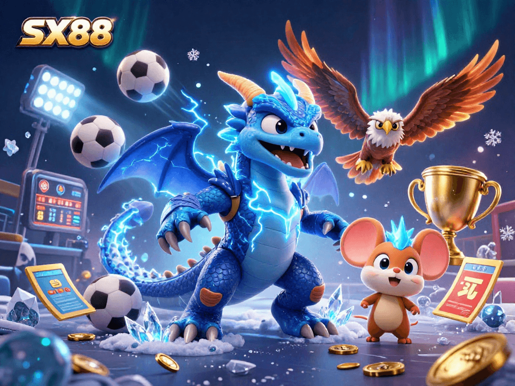 Experience thrilling sports betting excitement with SX88 featuring dynamic 3D characters and elements.