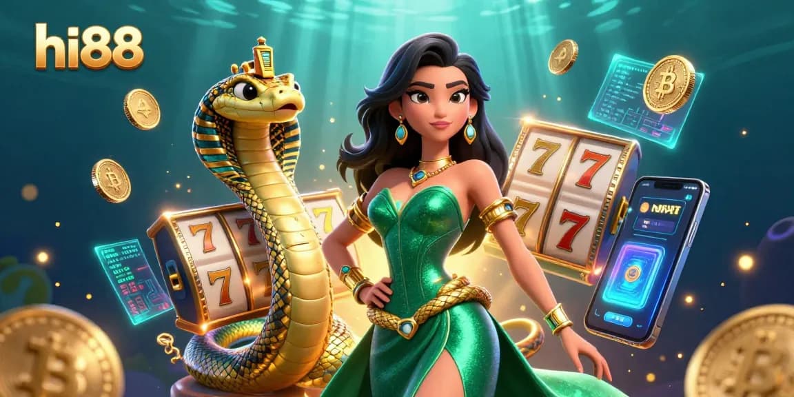 Spin the reels at hi88 with a dazzling emerald woman and crypto elements.