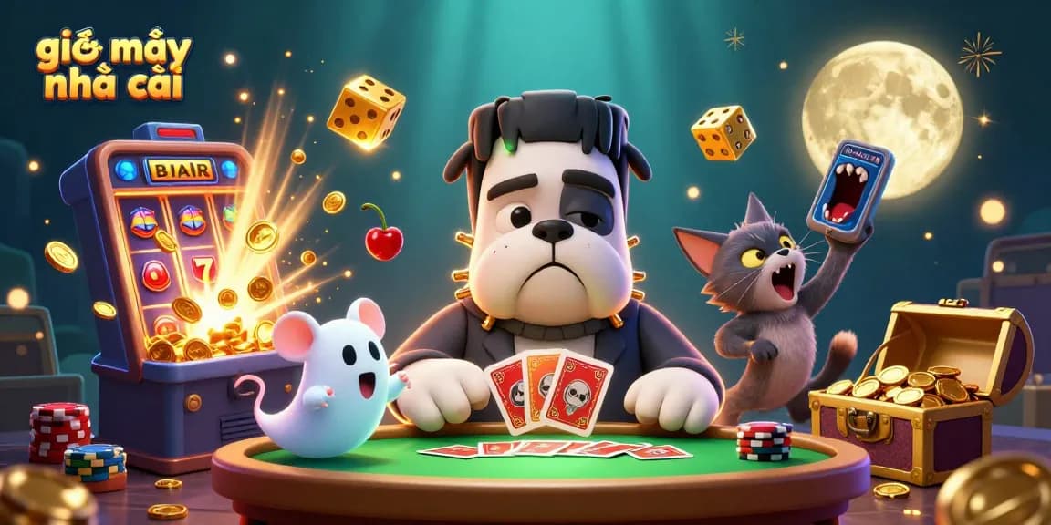 Engage with giải mã nhà cái as a 3D bulldog monster deals cards at a vibrant casino table.