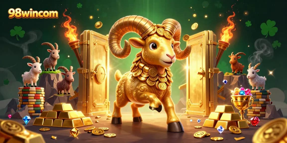 Experience 98wincom's thrilling casino scene highlighted by a charging golden ram and treasure vault.